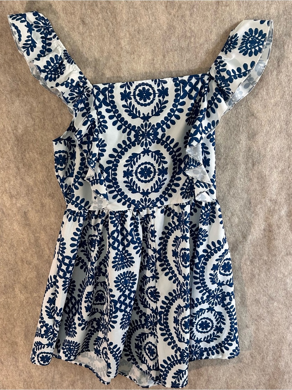 Blue and White Floral Print Ruffle Strap Tile Print Romper